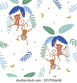 Cute funny monkeys with simple greens vector illustration. Seamless pattern design.Jungle life clipart vector design.