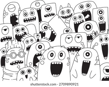Ilustração de multidão de doodle monstro bonito e engraçado