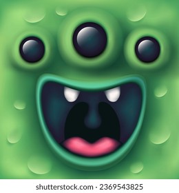 Cute funny monster face. Halloween party poster. Open moth. Horror creepy night. Vector illustration eps10. Invitation banner. flyer template. Realistic design. Funny cartoon style creature.