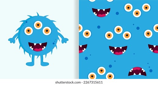Cute funny monster with monster face seamless pattern