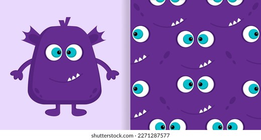 Cute funny monster with monster face seamless pattern