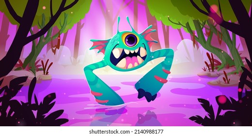 Cute Funny Monster In Forest Swamp. Vector Cartoon Fantasy Illustration Of Magic Jungle Landscape And Fantastic Creature, Ugly Alien Animal With Teeth And One Eye