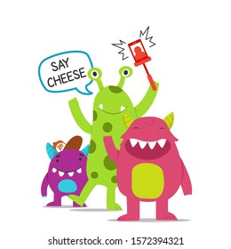 Cute funny monster with friends and say cheese to take a picture on white background cartoon vector illustration