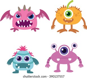 Cute and Funny Monster Icon set in Flat Style Vector