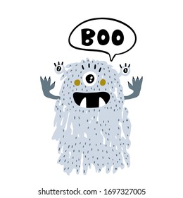 Monstruo gracioso con letra de Boo. Diseño listo para ropa infantil, afiche, tarjetas. Ilustración vectorial