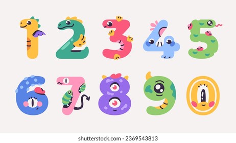 Cute funny monster numbers. Font for kids. Different symbols. Vector illustration eps10. Simple flat style. Bright, colorful cartoon elements. Typography template. Number shapes. Children characters.
