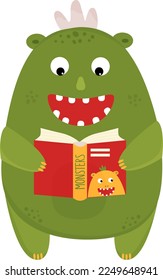 Cute funny Monster reads book about monsters. Vector illustration in flat style.