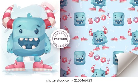 Cute funny monster - seamless pattern