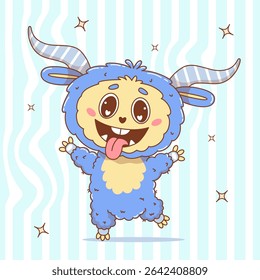 Cute Funny Monster with smile and tongue out. Cool Cartoon kawaii horned Character on Groovy Distorted Stripe Background. Vector illustration. Kids collection for sticker, mascot and design