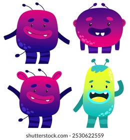 Cute and funny monsters in abstract flat style. Funny characters, children's prints.