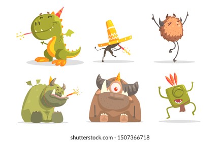 Cute Funny Monsters Cartoon Characters Set, Birthday Party Design Element Vector Illustration