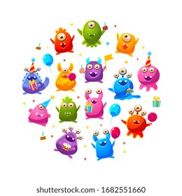 Cute Funny Monsters Characters of Round Shape, Monster Party Poster, Flyer, Invitation Card Design Element Vector Illustration