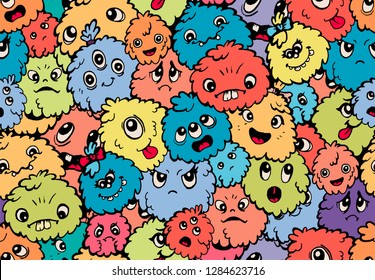 Cute funny monsters seamless pattern. Colorful charecters background