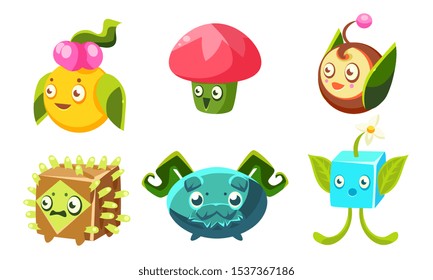 Cute Funny Monsters Set, Fantasy Plants Characters, Mobile or Computer Game User Interface Assets Vector Illustration