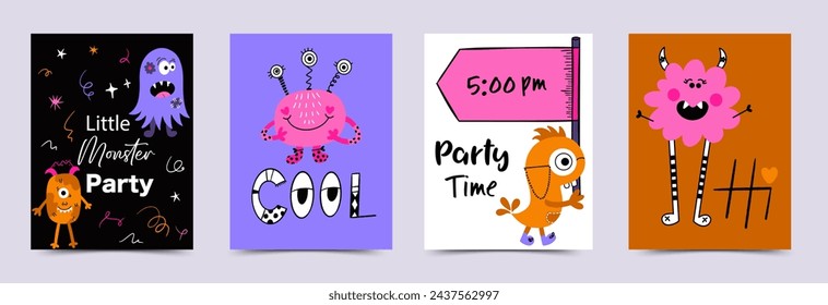 Cute Funny Monsters Vector Card Set