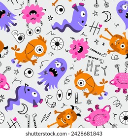 Cute Funny Monsters Vector Seamless Pattern