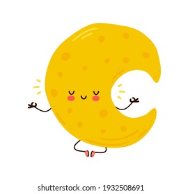 Cute funny Moon meditate in yoga pose. Vector hand drawn cartoon kawaii character illustration icon. Isolated on white background. Moon meditate concept
