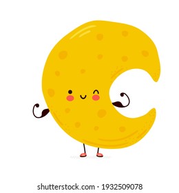 Cute funny Moon show muscle. Vector hand drawn cartoon kawaii character illustration icon. Isolated on white background. Moon fitness concept