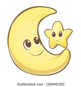 Cute and funny moon & star smiling happily