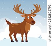 Cute and funny Moose. Baby Moose standing. Vector illustration Male bull elk with horns character with Horns design with flat color. Can be used for design of t-shirts, posters and Baby Shower party.