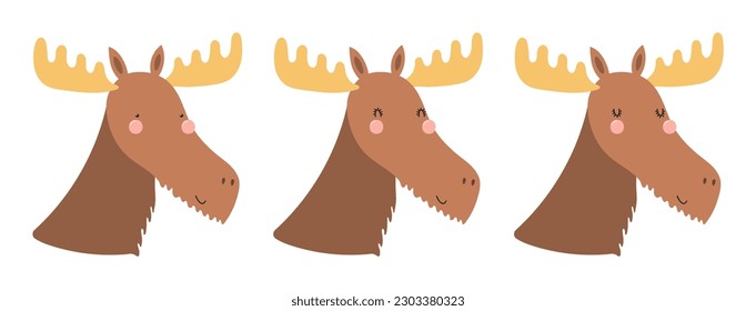 Cute funny moose faces illustrations set. Hand drawn cartoon character. Scandinavian style flat design, isolated vector. Kids print element, poster, card, wildlife, nature, baby animals