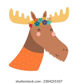 Cute funny moose in floral wreath, t-shirt. Hand drawn cartoon character illustration. Scandinavian style flat design, isolated vector. Kids print element, flower crown, summer blooms, blossoms