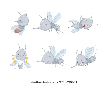 Cute funny mosquitoes characters set. Funny parasitic insects cartoon vector illustration