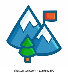 Cute and funny mountain with flag and tree icon - vector
