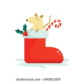 Cute funny mouse in a boot for Chinese New Year. Vector Christmas holiday illustration