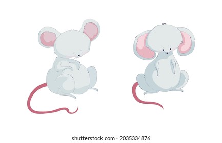 Cute funny mouse characters set. Lovely well fed mice sitting on floor cartoon vector illustration