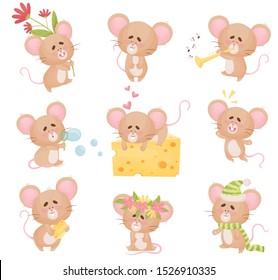 Cute Funny Mouse Collection. Small Character Doing Different Activities