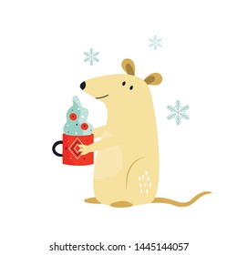 Cute funny mouse with cup of cacao for Chinese New Year. Vector holiday illustration