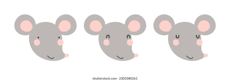 Cute funny mouse faces illustrations set. Hand drawn cartoon character. Scandinavian style flat design, isolated vector. Kids print element, poster, card, wildlife, nature, baby animals