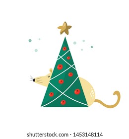 Cute funny mouse hiding behind the pine tree. Vector holiday illustration. Season greetings