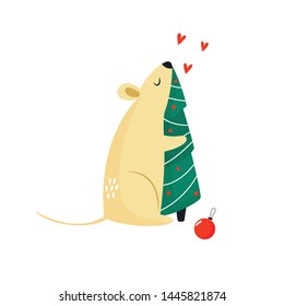Cute funny mouse with hugging pine tree. Vector holiday illustration