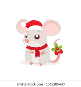 Cute And Funny Mouse In Santa Hat For Christmas Sitting And Smiling Vector Illustration. On A White Background. Cartoon Christmas Animal. Year Of The Rat.
