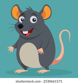 Lindo ratón divertido. Animal sonriente con orejas grandes y pelaje gris. Pequeña rata con cola larga y boca abierta. Ilustración vectorial aislada en estilo de dibujos animados.