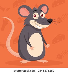 Cute funny mouse. Smiling Animal with big ears and grey fur. Small rat with a long tail. Isolated vector illustration in cartoon style. Cute cartoon rat or mouse character design with flat color.