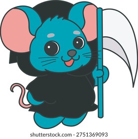 Cute funny Mouse sticker icon with halloween theme. Funny Mouse with angel of death costume