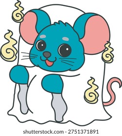 Cute funny Mouse sticker icon with halloween theme. Funny Mouse with spooky ghost costume