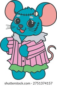 Cute funny Mouse sticker icon with halloween theme. Funny Mouse with frankenstein costume