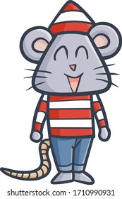 Cute and funny mouse wearing red white stripes shirt smiling happily