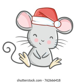 Cute And Funny Mouse Wearing Santa's Hat For Christmas Sitting And Smiling - Vector.