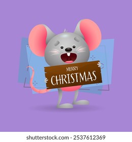 Cute funny mouse wishing Merry Christmas. Wooden banned, wish, message. Christmas concept. Realistic vector illustration can be used for greeting cards, festive banner and poster design