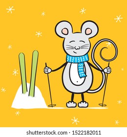 Cute funny mousy, a symbol of 2020 year for your postcard or poster.  Vector illustration. Hand drawn mouse