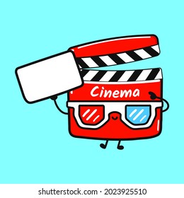 Cute funny movie clapper with poster. Vector hand drawn cartoon kawaii character illustration icon. Isolated on blue background. Movie clapper think concept