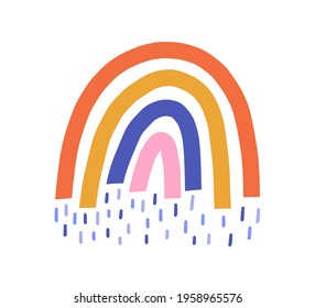 Un bonito arco iris multicolor con una mágica lluvia aislada en un fondo blanco. Dibujo infantil dulce. Ilustración vectorial de garrapatas simples en estilo escandinavo