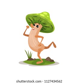 Cute funny mushroom character with human face and green cap vector Illustration on a white background