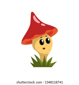 Cute funny mushroom character with red cap and funny face vector Illustration on a white background