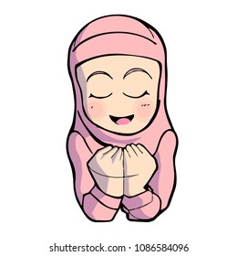 Cute and funny muslim girl praying, and wearing pink hijab - vector.